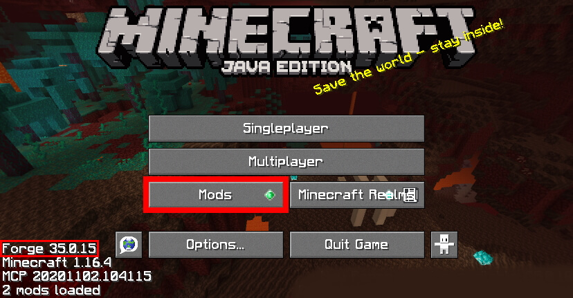 Minecraft menu with Mods