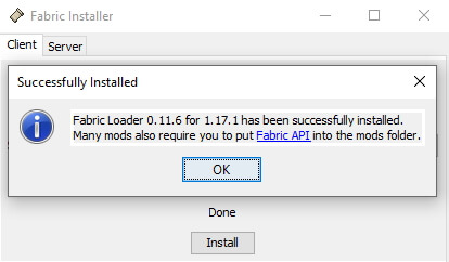 Successfully installed Fabric Modloader