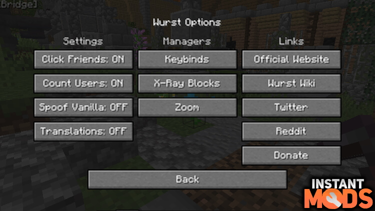 Screenshot of all Wurst client settings